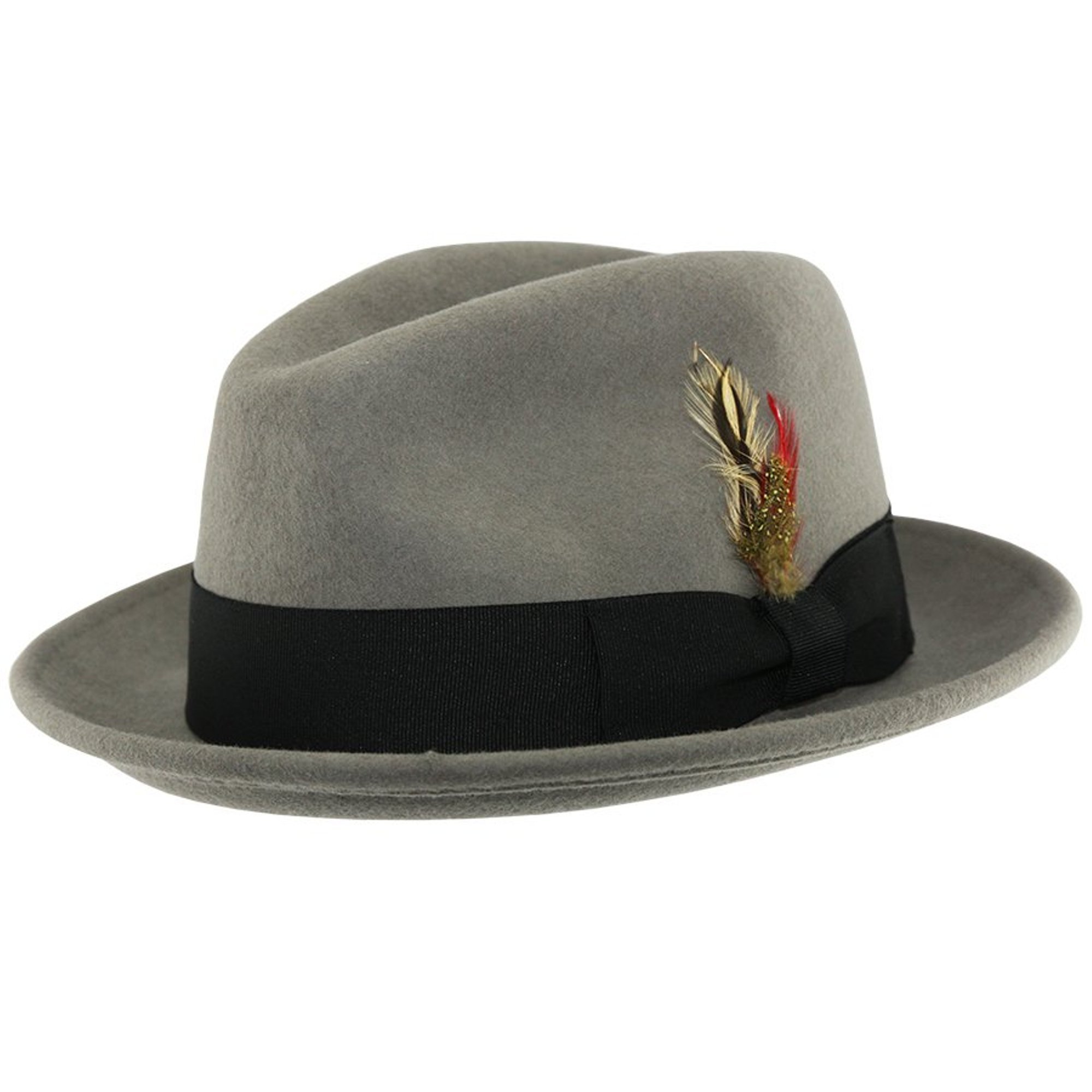 Maz Men's Grey Unisex Crushable Hand Made C-Crown Felt Fedora Trilby Hat With Removable Feather 100% Wool (Small(55), )