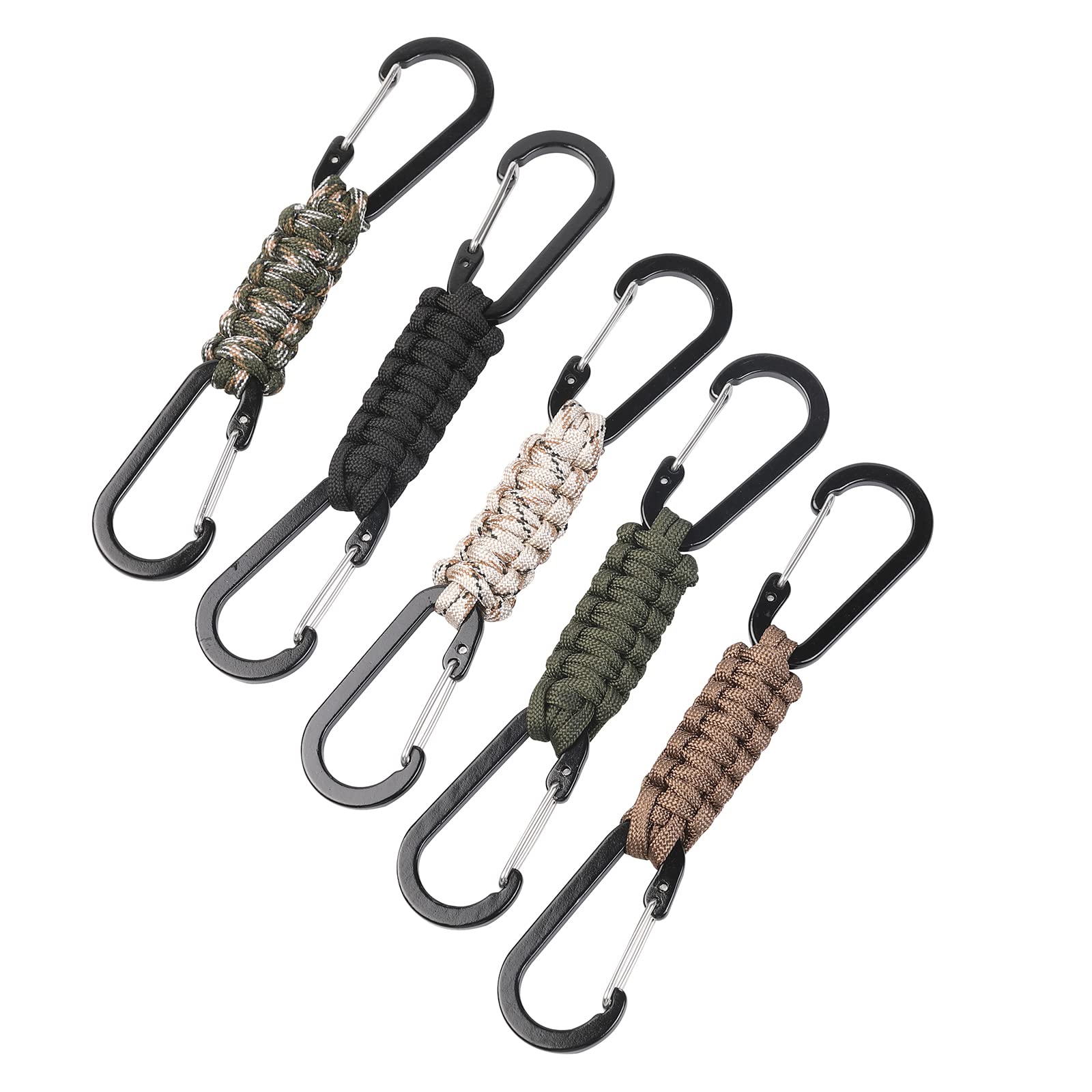 5 Pack Paracord Keychain Carabiner Clips Lanyard Hanger with Chain Hooks Heavy Duty Stroller Hook Holder for Water Bottle, Keys, Backpack, Tools, Black, Large