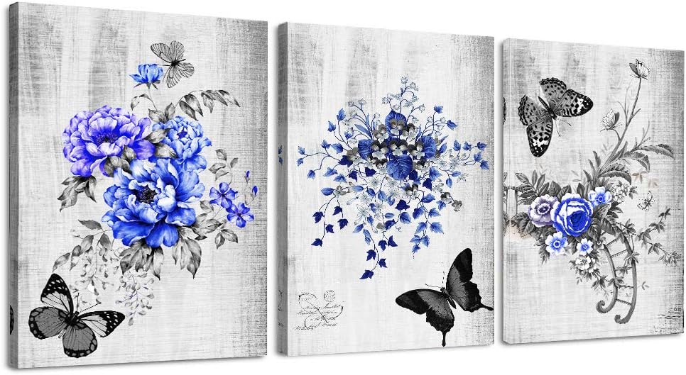 Black and white Blue flowers Canvas Prints Wall Art for bedroom living room Wall Artworks bathroom Wall Decor Watercolor painting 3 Piece Framed kitchen Home Decoration butterfly poster Picture decor