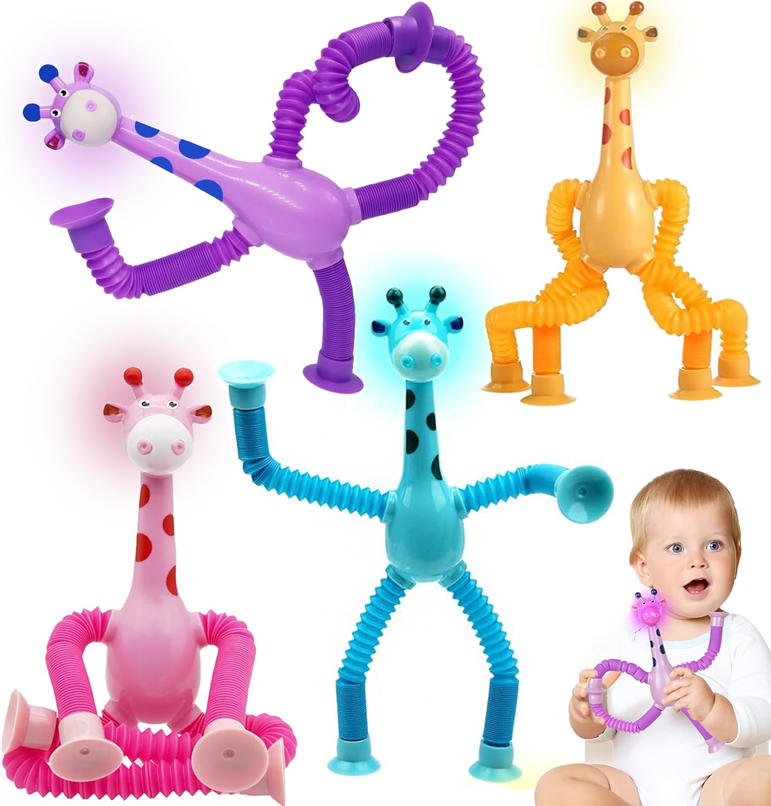 4 Pcs Telescopic Suction Cup Giraffe,Novel Kids Suction Cup Toys,Stretchy Telescopic Tube Shape Changing Knick-Knack