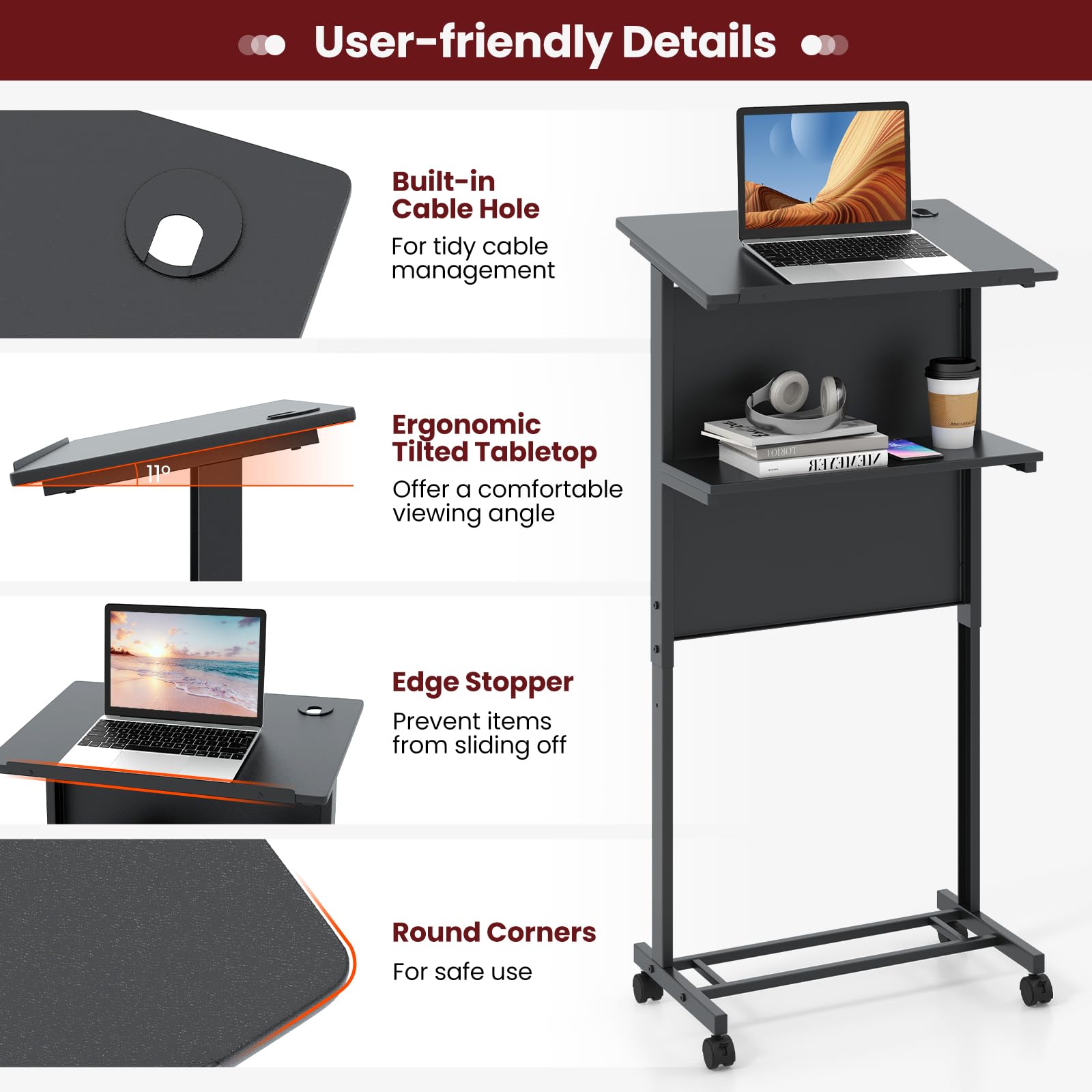 FANTASK rollbares Rednerpult, mobiles Stehpult höhenverstellbarmit geneigter Tischplatte & Ablagefläche, Laptoptisch, Rednerpult für Zeremonien, Vorlesungen im Klassenzimmer (Schwarz)