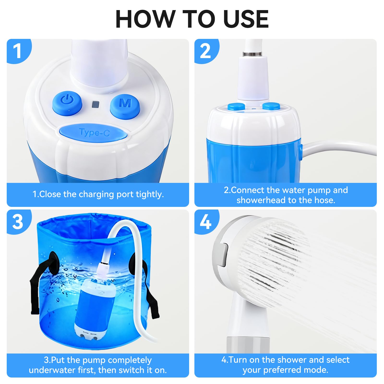 Doccia portatile, pompa doccia portatile da campeggio, doccia esterna ricaricabile USB, doccia elettrica portatile impermeabile con 2 modalità di spruzzo, 4000 mAh, per campeggio, escursionismo
