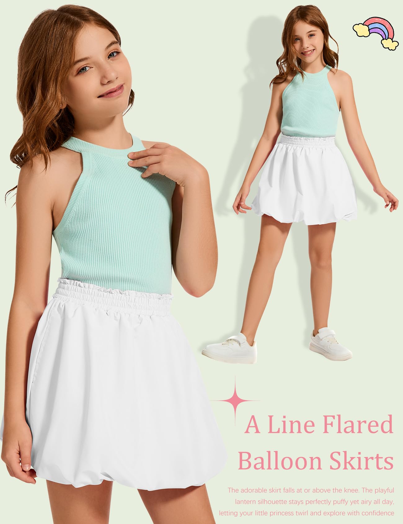 COZYPOIN Faldas de burbujas para niñas, bohemias, elásticas, de cintura alta, con volantes, pantalones cortos de globo con bolsillos para 5-14 años