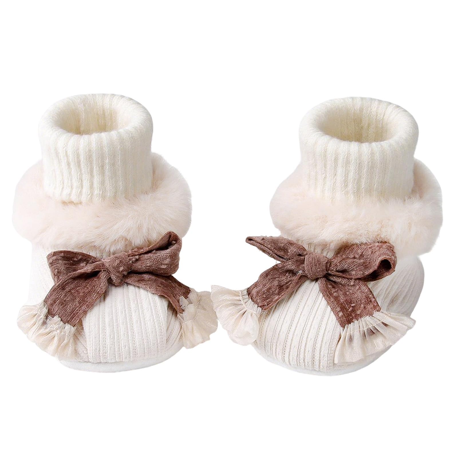 – Baby Winter Booties, White Knit with Brown Bow, Fur-Lined Anti-Slip Soles, 11-15 Months, Indoor Outdoor Elastic Ankle Boots with PVC Bottom