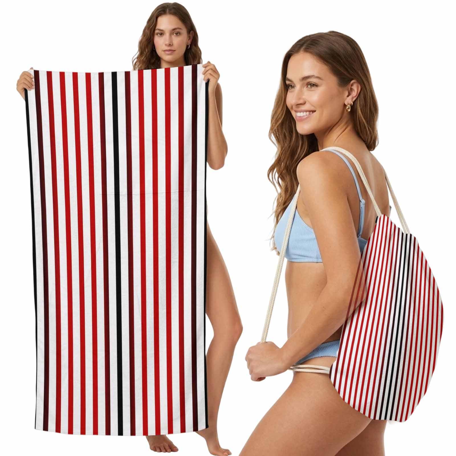 Beach Towel Bag 2 in 1 Red Black Vertical Stripes Bath Pool Towels Backpack Ombre Pinstripes Parallel Lines Absorbent Beach Towel Soft Quick Dry Packable Towels Drawstring Bag for Travel Sports