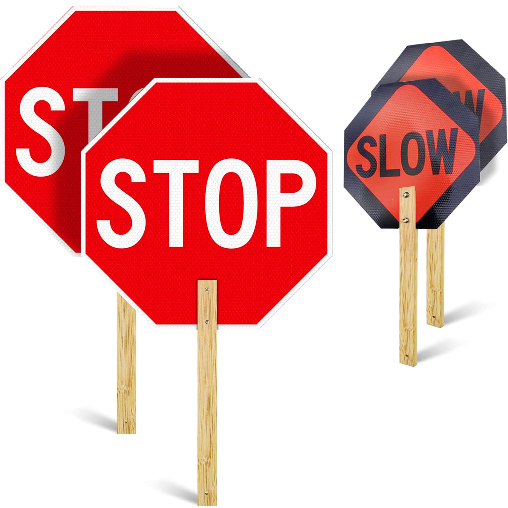 4 Pack Stop Slow Sign, 13” x 13” Handheld Stop Sign, Aluminum Crossing Guard Signs with Handle, Double Sided Reflective Signs, Waterproof, Weather Resistant