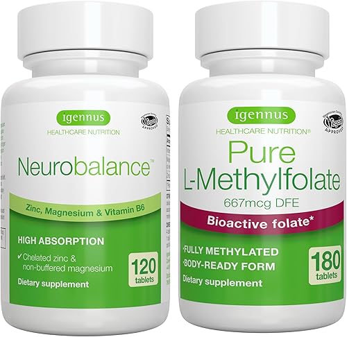 Neurobalance Zinc, Magnesio y Vitamina B6 + Folato Puro 400 mcg Paquete Vegano, Picolinato de Zinc Quelatado 24 mg, Magnesio y Vitamina B6 libre de