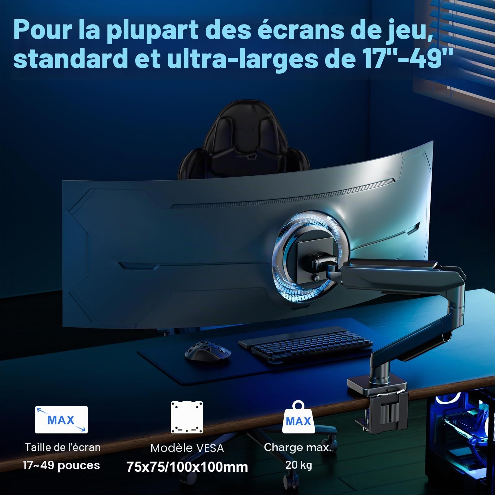 Support de Moniteur pour écran Plat et incurvé de 17 à 49 Pouces, Support de Moniteur Robuste à Ressort à gaz réglable en Hauteur avec inclinaisons, capacité de Charge Accrue de 2 à 20 kg