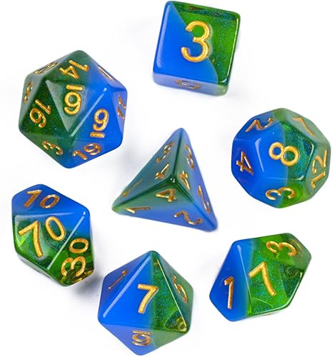 UDIXI Juego de 7 dados poliédricos con purpurina, dados DND para Calabozos y Dragones, dados D&D para RPG MTG y otros juegos de mesa (azul + verde)