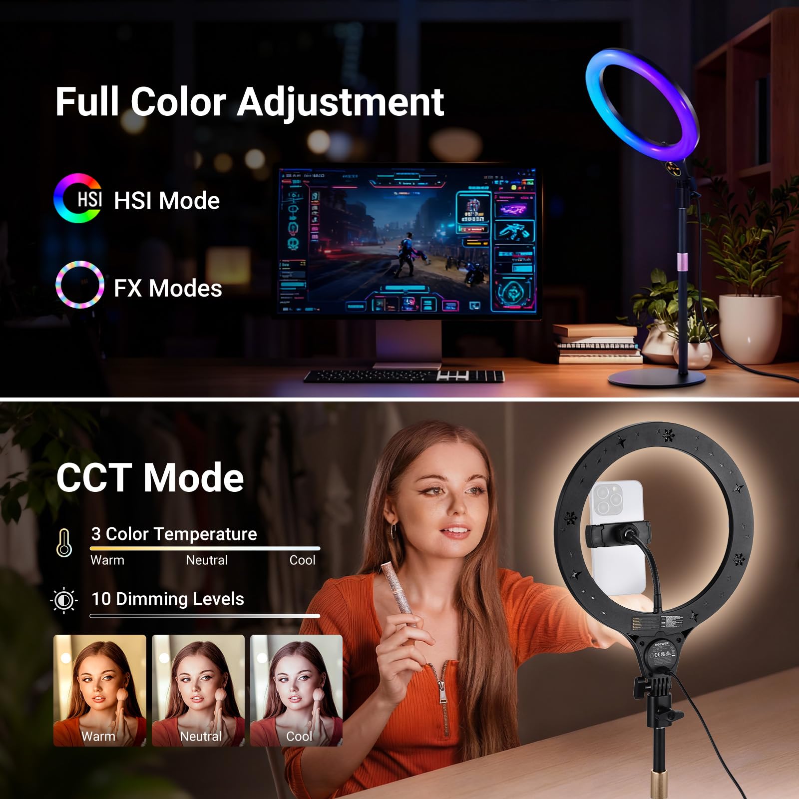 NEEWER Entry Level lampa pierścieniowa RGB z podstawką stołową, uchwytem na telefon komórkowy, kompatybilna z pilotem zdalnego sterowania iPhone, 10 W CRI85+ LED światło wideo do TikTok YouTube