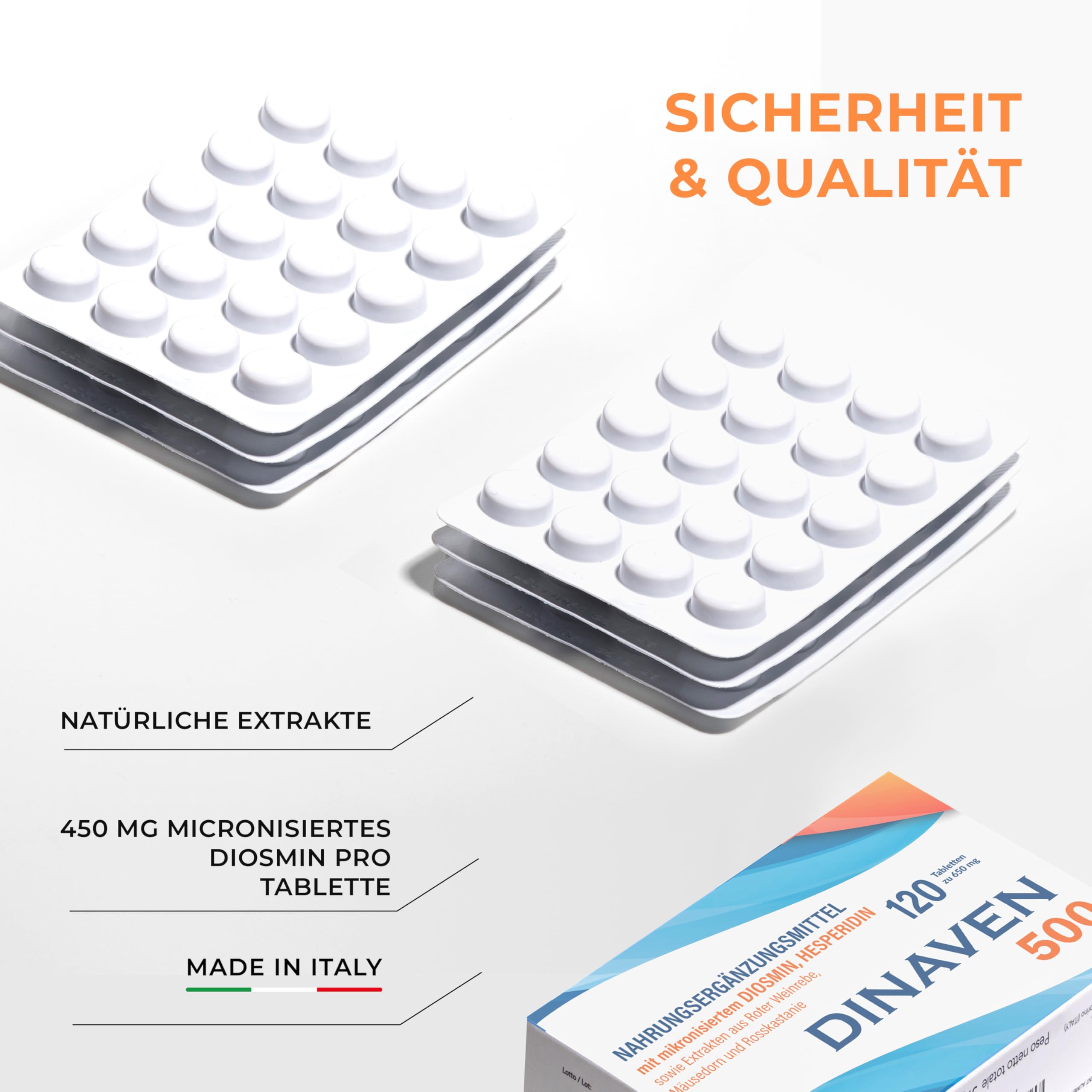 Dulac – Dinaven 500, Nahrungsergänzung für Schwere und Geschwollene Beine, 120 Tabletten, für Venen und Lymphdrainage Beine, Ideal bei Krampfadern, mit Diosmin und Hesperidin, Made in Italy