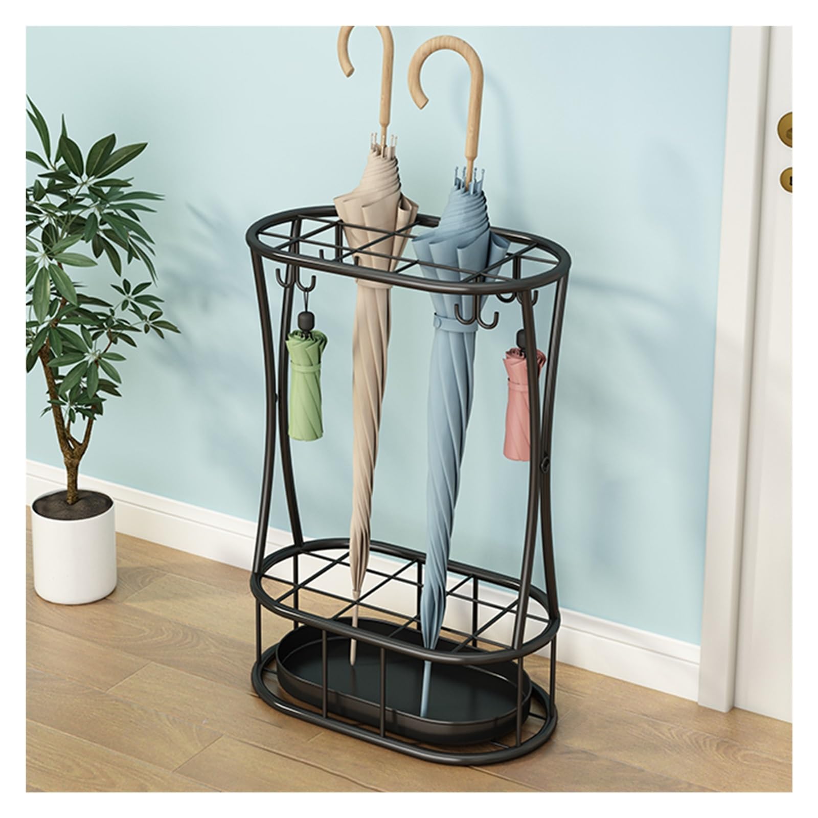 GYRAZXS Umbrella Stand with Hooks - Floor-Standing Storage Organizer for Entryway, Home, Office - Includes Drain Tray