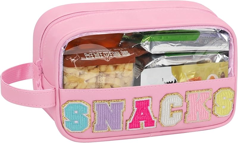 Necessaire transparente MONSTINA com letras bordadas, zíper e material em PU e PVC, rosa, pequena