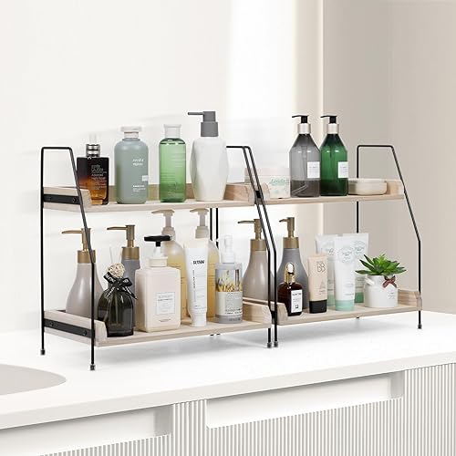 Miniatura 2 de NANANARDOSO Organizador de encimera de baño de 2 niveles, 2 unidades de organizador de encimera de madera para encimera de baño, bandeja de tocador