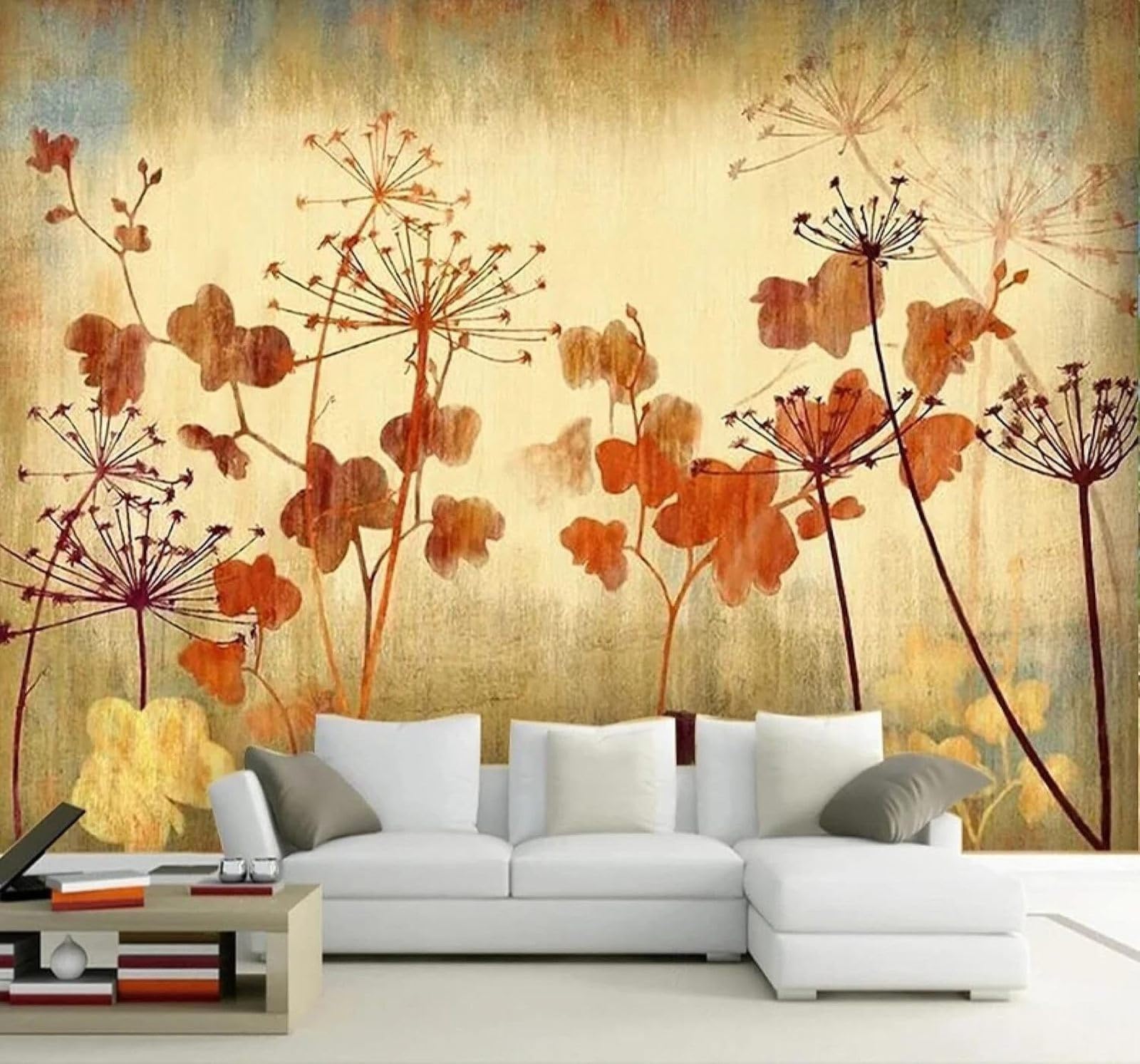 XLMING Hand Drawn Retro Minimalist Red Flowers Art 3D Wallpaper Silky Texture Home Study Office Grey Dining Room Sofa Bedroom Living Room TV Backdrop-350cm×256cm