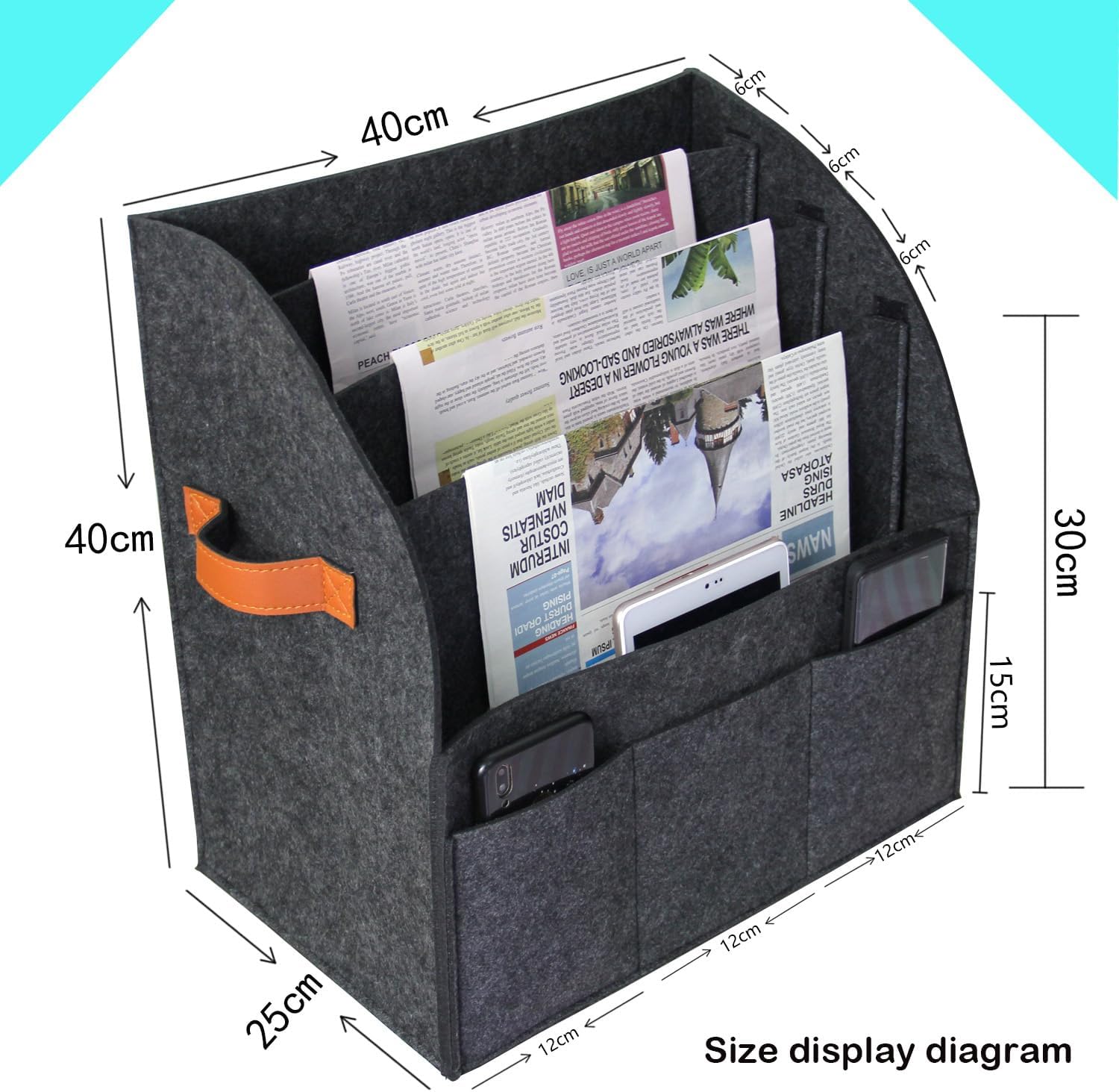 Foldable magazine storage basket, leather handle felt organizer, can store magazines, newspapers, laptops, glasses, phones and other items, suitable for home or office storage of image 3