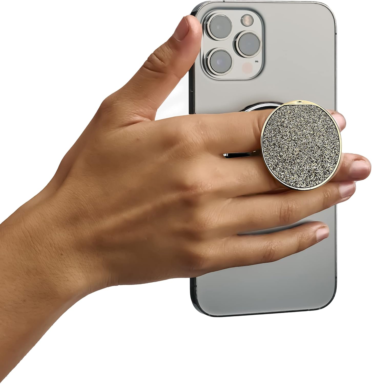 HANDL O MagSafe Gold Glitter Phone Grip & Stand – Removable Magnetic Grip, Retractable Finger Holder POPL Tap-to-Share Contact Tech
