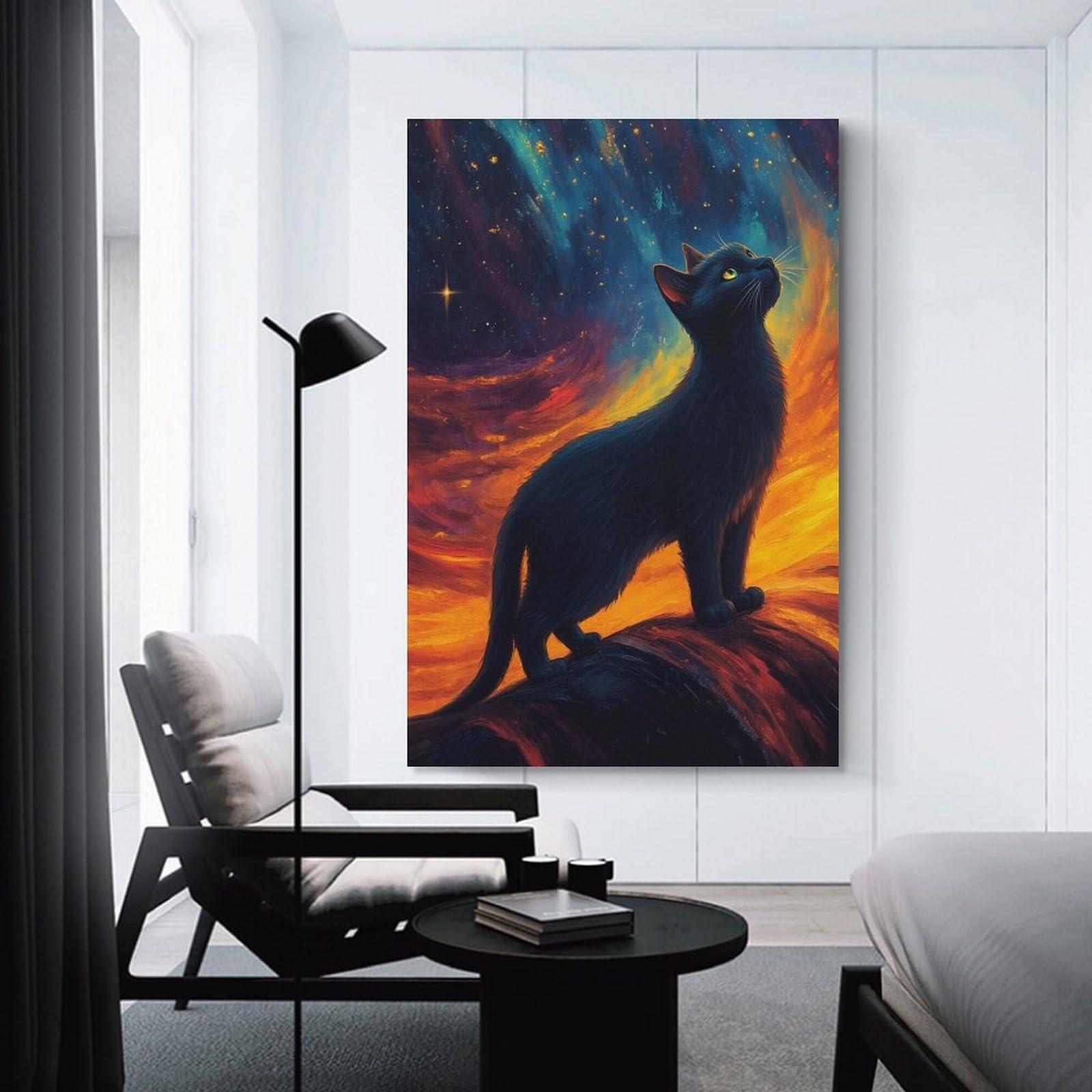 Junmoney Unframe-Style-1 Black Cat Gazing At The Stars Home Decor Wall Art 12X18inch(30X45cm), For Bedroom, Guest Room Or Reading Nook, Decorative Wall Art For Cosy Rooms