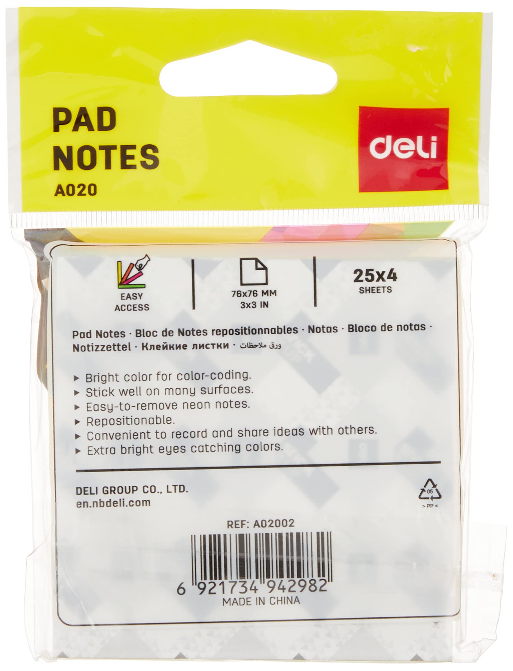 Deli Bloc de notas adhesivas EA02002, 100 hojas, 76 x 76 mm, multicolor