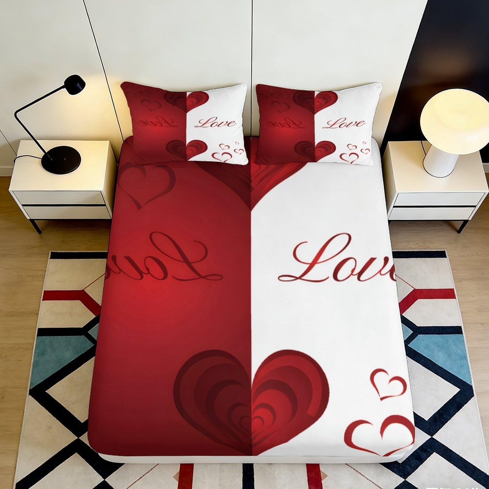 3D Printed Love Heart Fitted Sheet Microfiber Deep Pocket for Bedroom Bedding Heart Mattress Fitted Cover Elastic Hem Washable 180x200x25cm