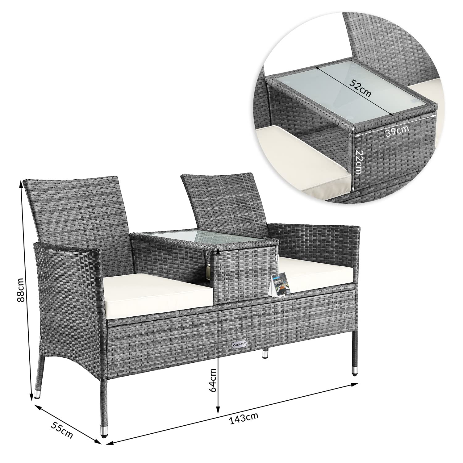 Casaria Panchina da Giardino Polyrattan Resistente 143x55x88cm 320kg (160kg per lato) Panca da Balcone 2 Posti Esterno Mobili Outdoor