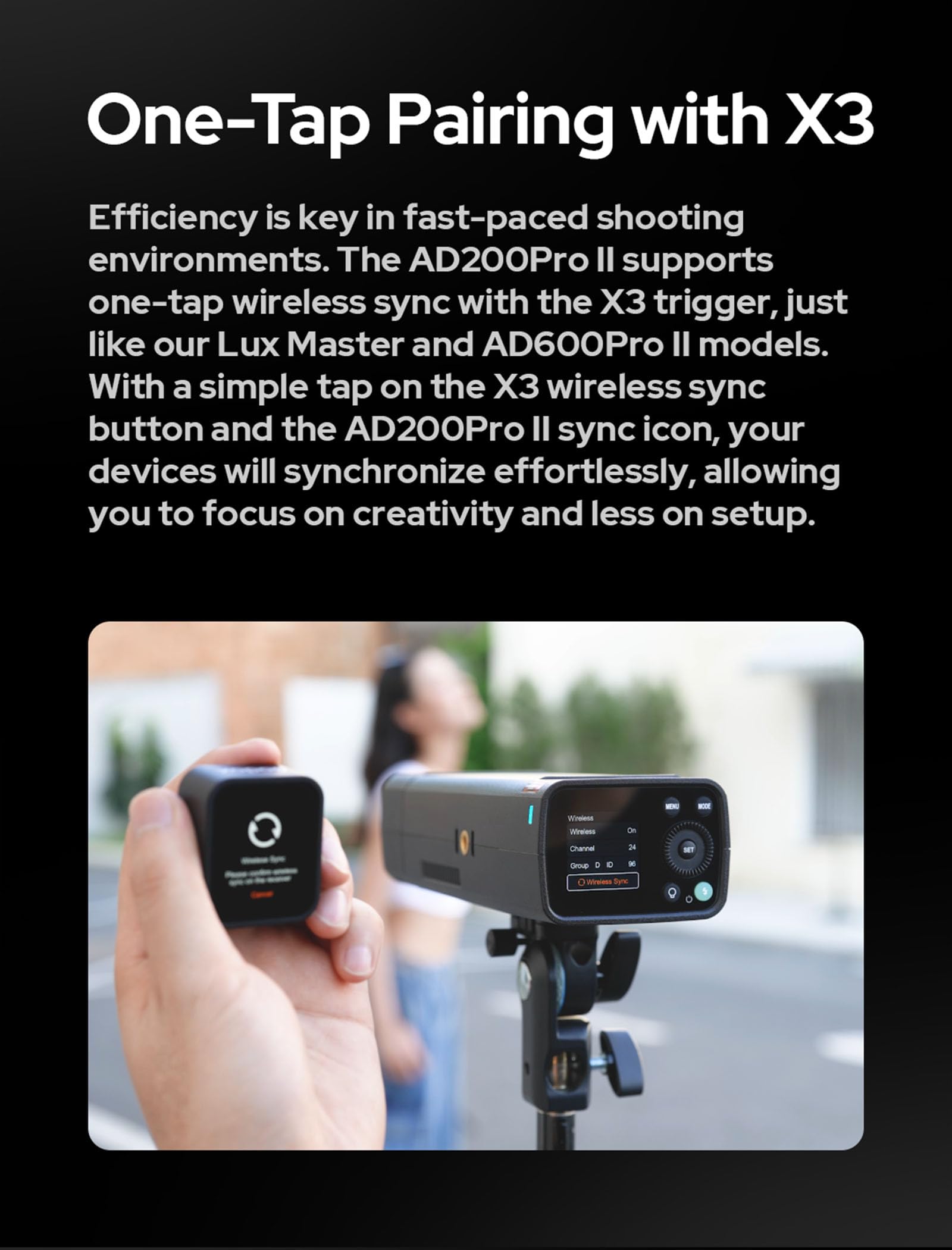 Godox AD200Pro II, One-Tap Sync X3, Têtes Flash Optimisées, LED Modélisation BiColor, Indicateur Groupe Couleur, Puissance 1/512 à 1/1