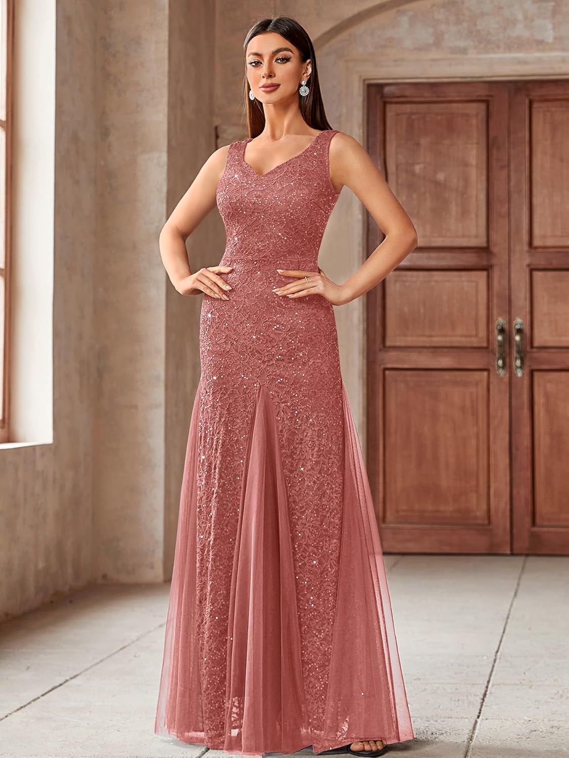 Miusol Women's Elegant V Neck Sleeveless Sequin Lace Evening Party Dress - Image 4