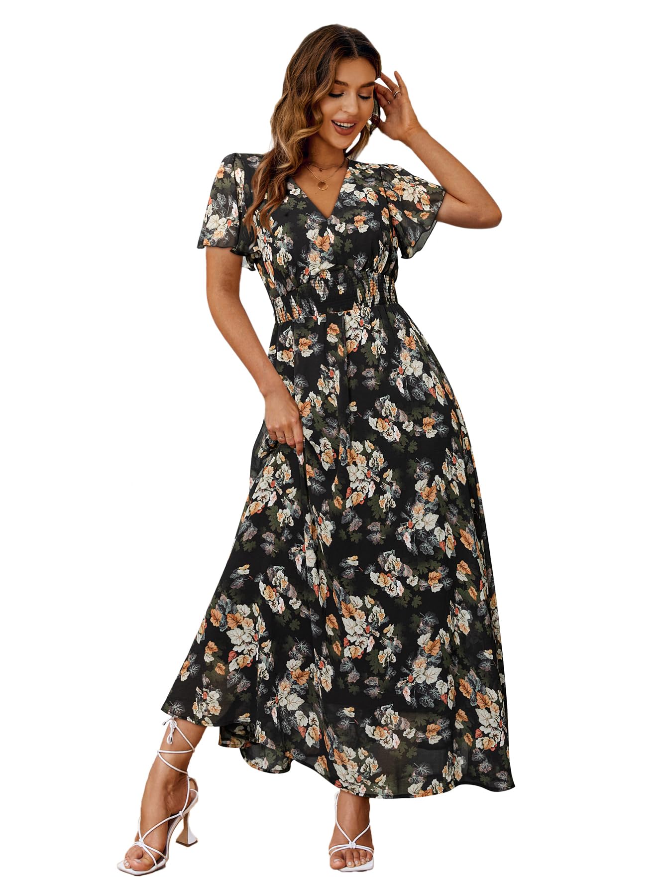 Simplee Women's Boho Floral Maxi Dress Flowy Casual V Neck Short Sleeve Wedding Guest Holiday Beach Long Dress