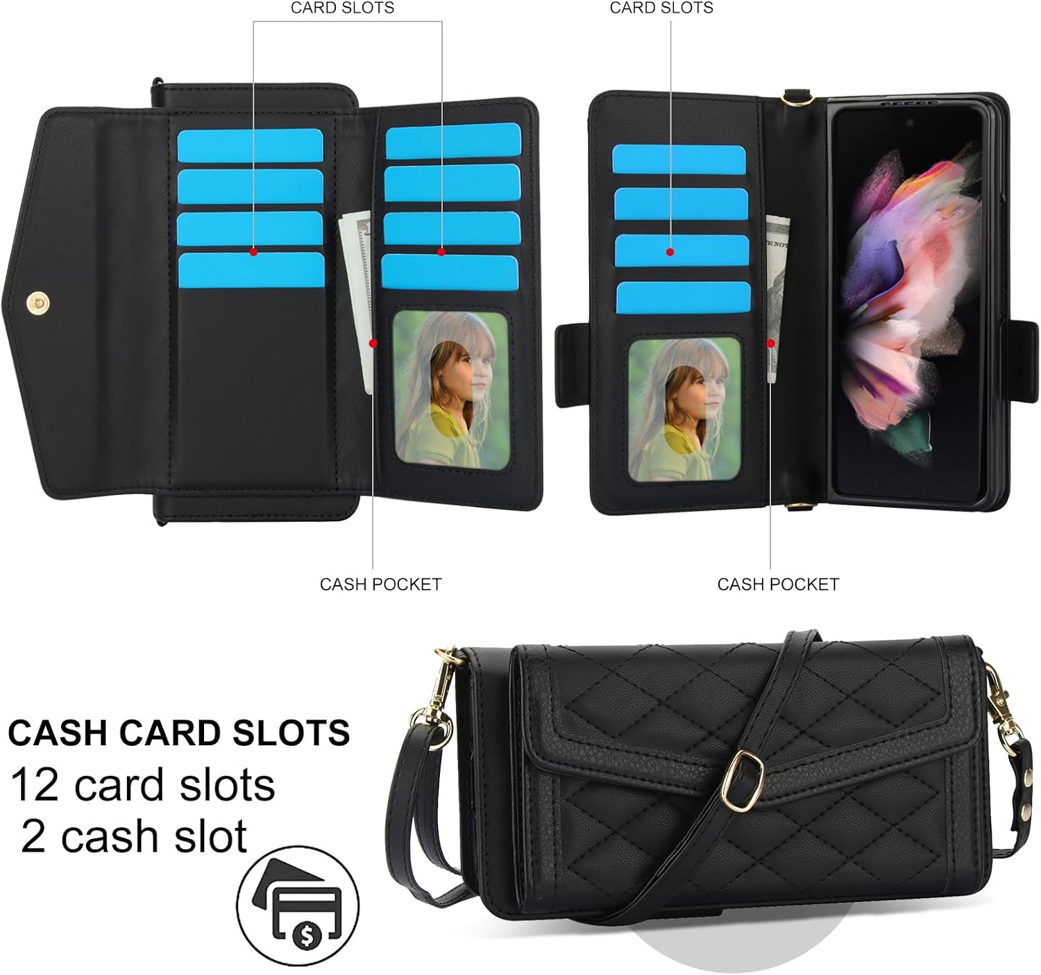 Asuwish Phone Case for Samsung Galaxy Z Fold 3 5G 2021 Wallet Cell Cover with RFID Blocking Credit Card Holder Slot Shoulder Crossbody Strap TPU Stand ZFold3 Z3 Fold3 3Z ZFold35G Women Men Girls Black