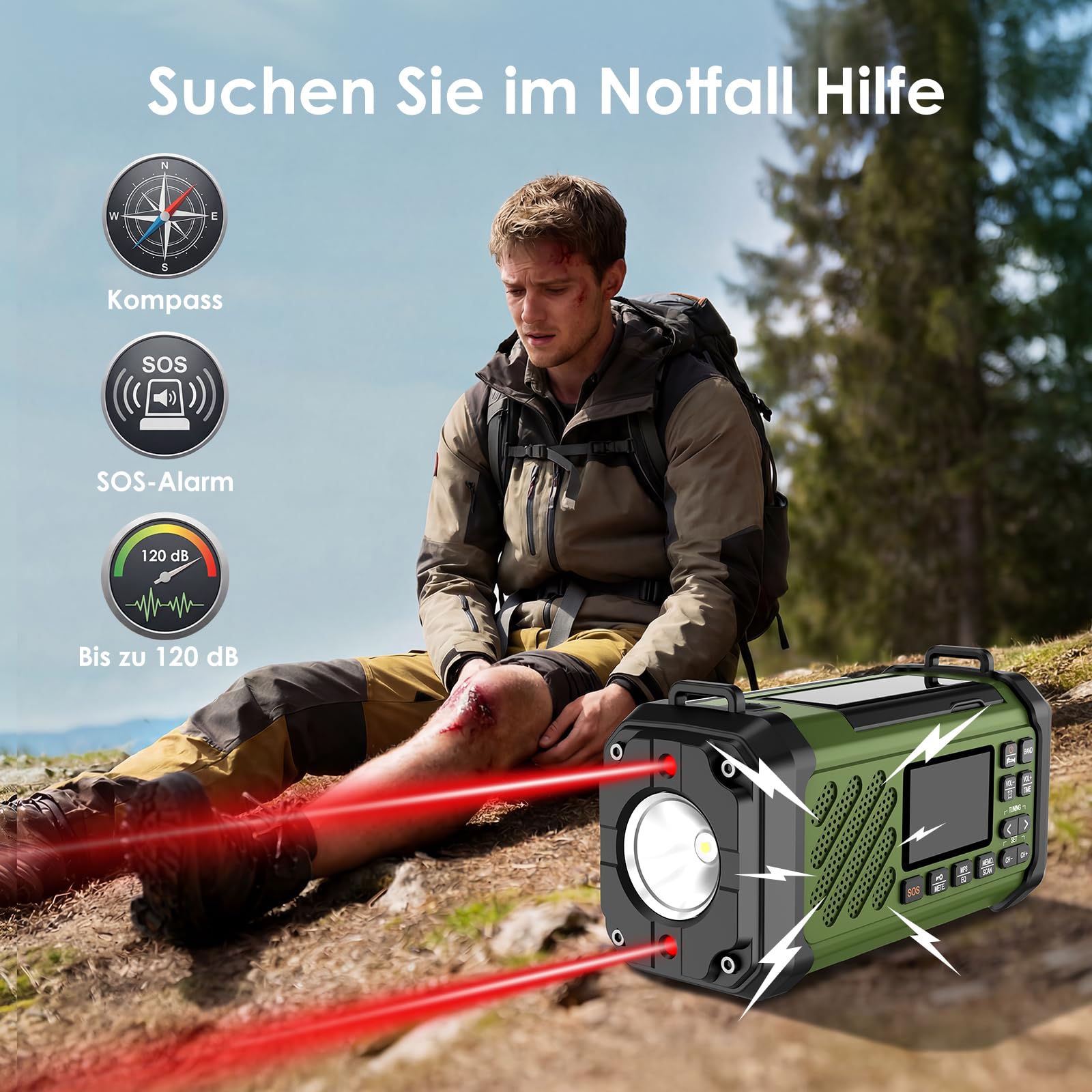 Vikeri Kurbelradio 12000mAh, Notfallradio mit Kurbel und Solar mit AM/FM/SW, LED Camping Licht,SOS Alarm,Kompass, USB-C Handyladung, Tragbare Radio mit Tragegurt für Notfall (Grün)