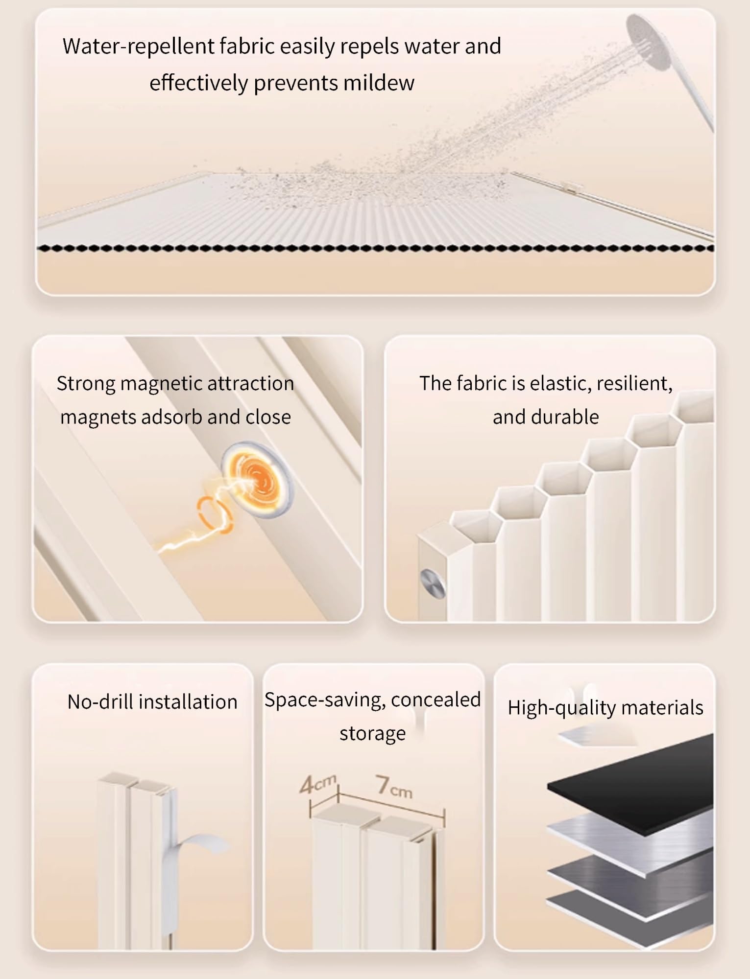 Cortina de ducha plegable magnética, material de poliéster impermeable, ideal para uso familiar y hotel