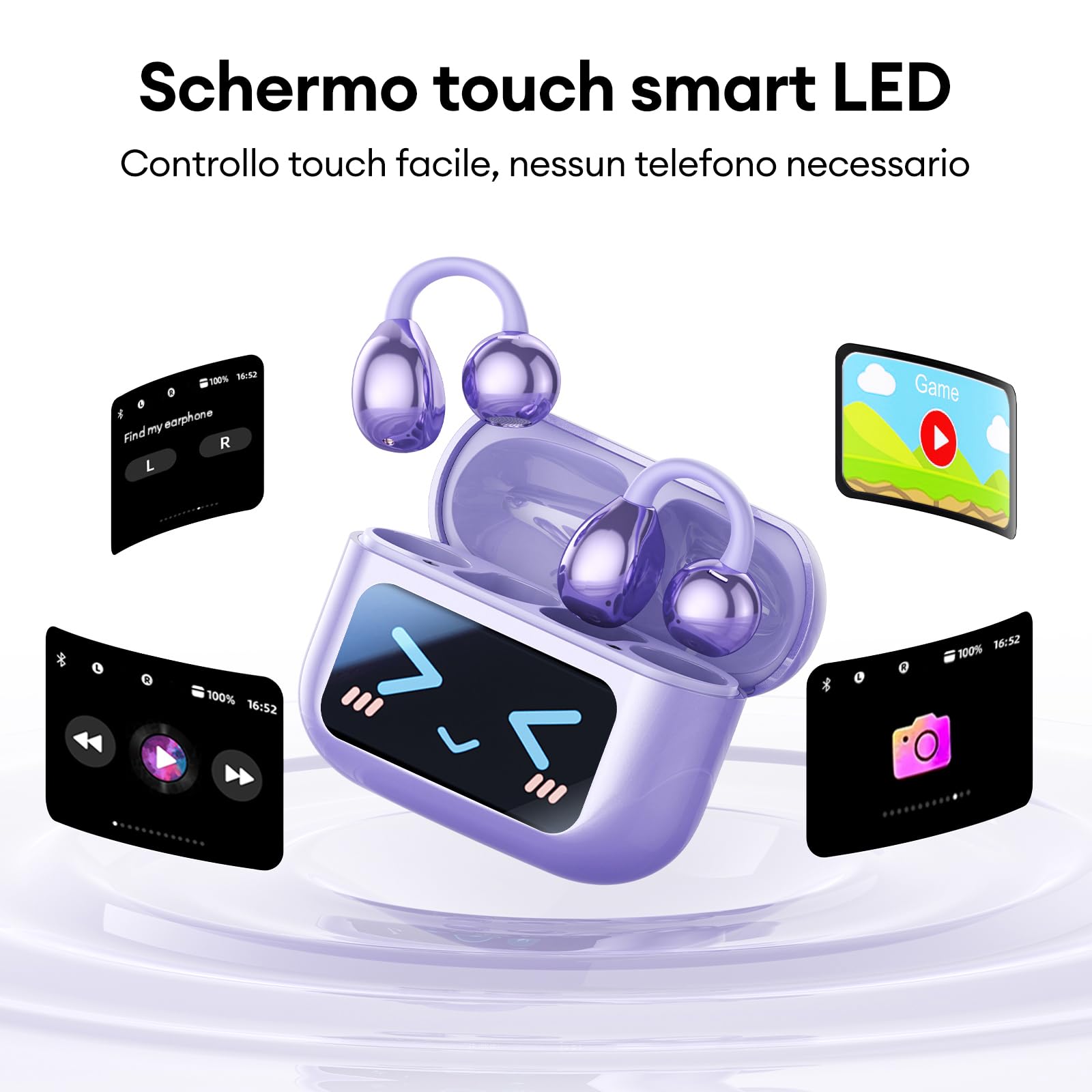 ZOMBIES CAT Auricolari Open Ear Clip-on con Schermo Touch Intelligente – Cuffie Bluetooth 5.4, Audio HiFi, Controllo Musicale & Volume, Auricolari Bluetooth per Sport,M100 Viola
