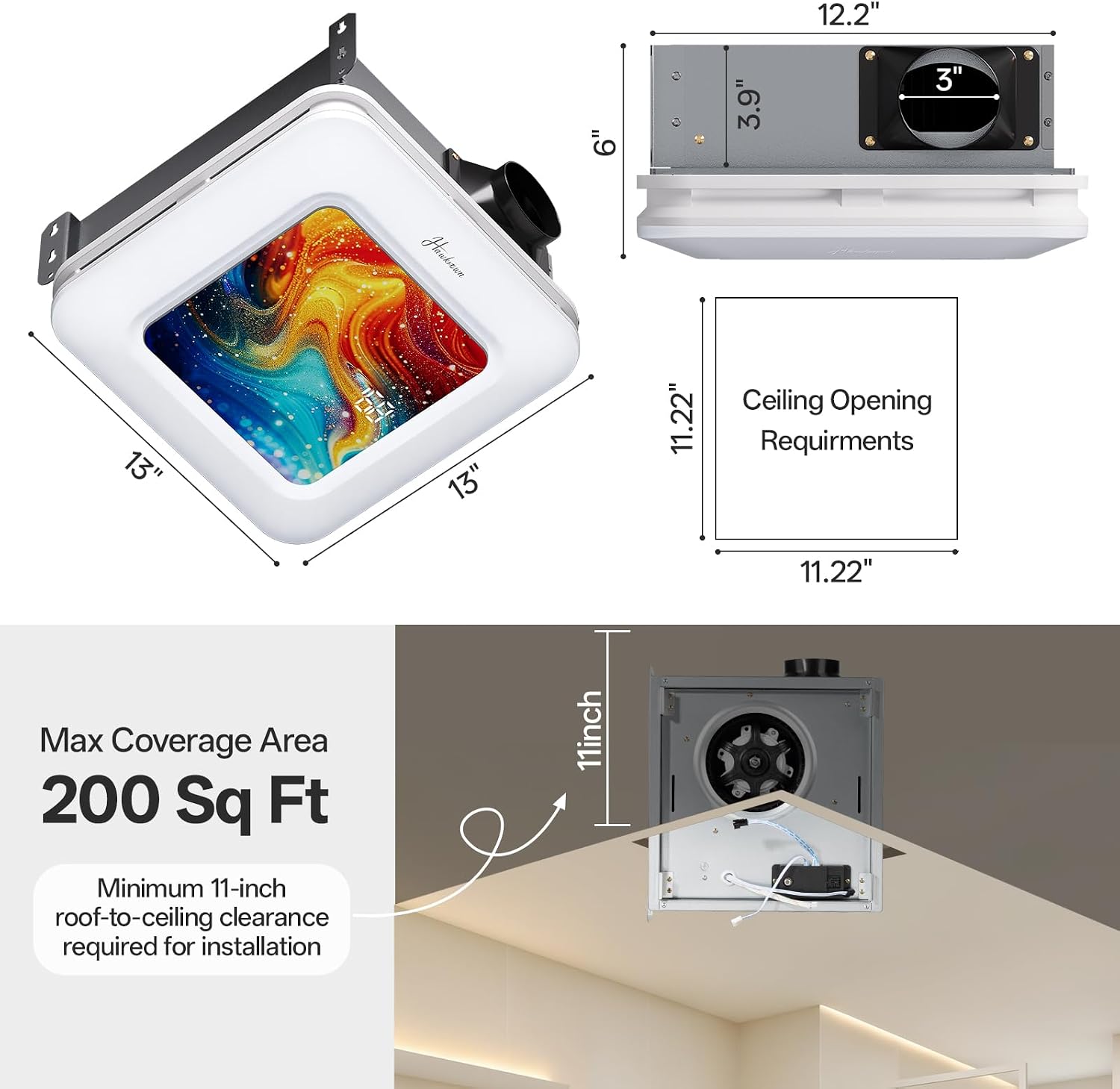 Hawkrown Bathroom Exhaust Fan with Light Humidity Sensor, Bathroom Fan with Humidity Sensor, 230 CFM 1.0 Sone Exhaust Fan, Venlitation Fan with 3CCT LED Light 7 LED Color, Remote Control Easy Install