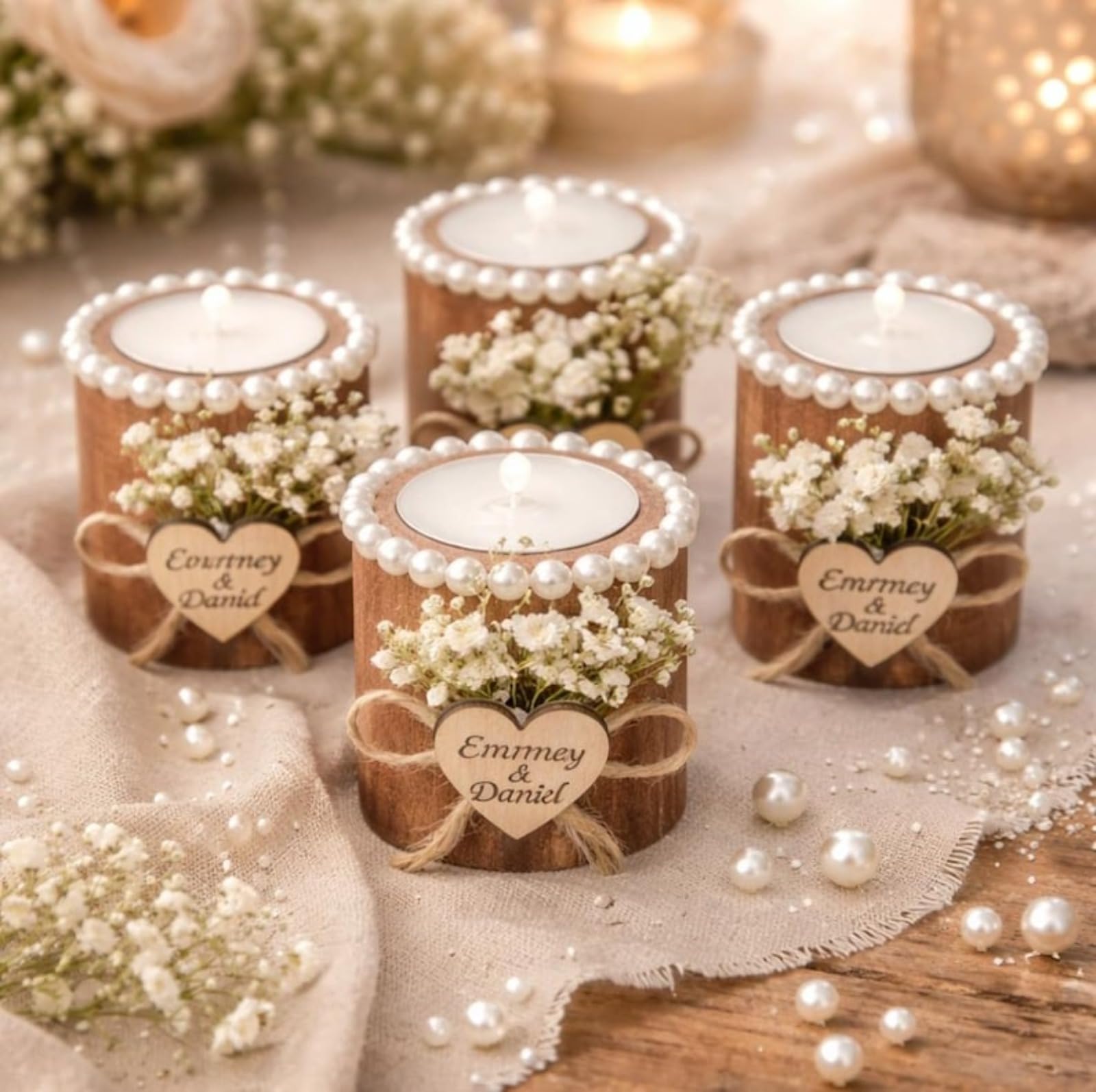 Personalisierte Kerzen, Hochzeitsgeschenke für Gäste, rustikales Holz-Teelichthalter-Set mit Namen und Datum, Dankeschön, Babyparty/Brautparty, Gastgeschenke für Gäste (50 Stück)
