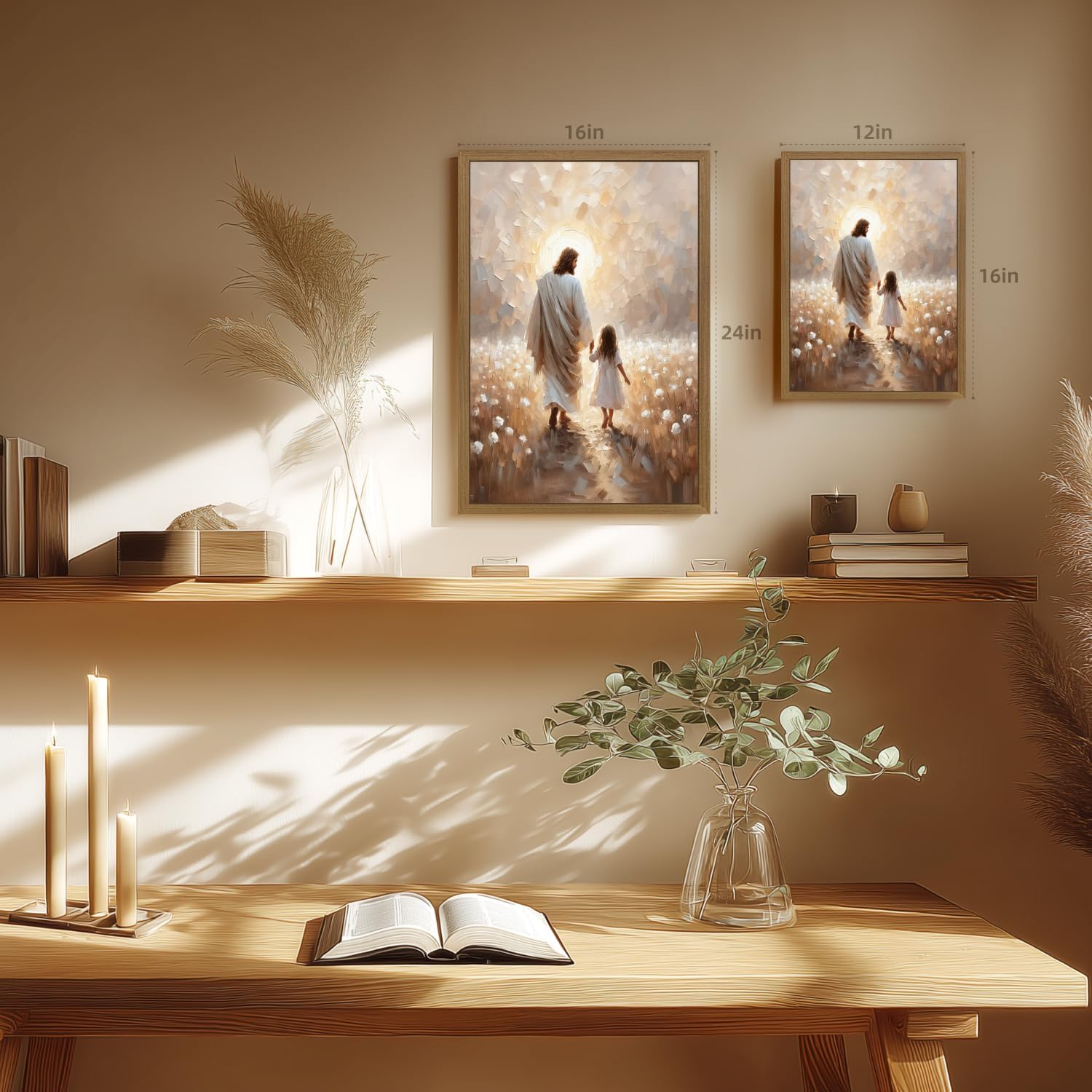 PORENY Jesus and Little Girl Walking Wall Art, Inspirational Christian Faith Decor, Jesus Christ Canvas Painting, Warm Flower Field Religious Artwork for Kids Room Church Wood Framed 12x16 Inch