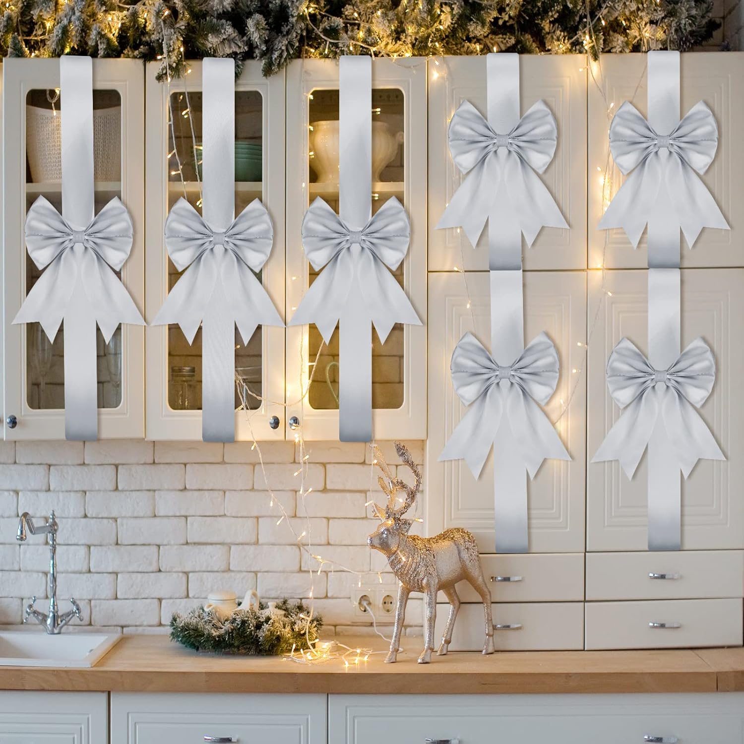 Syhood 8 Pieces Christmas Cabinet Big Bows Door Decorative Ribbon Festive Large Cabinet Ribbon Bows for Kitchen Cabinets Furniture Room Decorations (Silver)