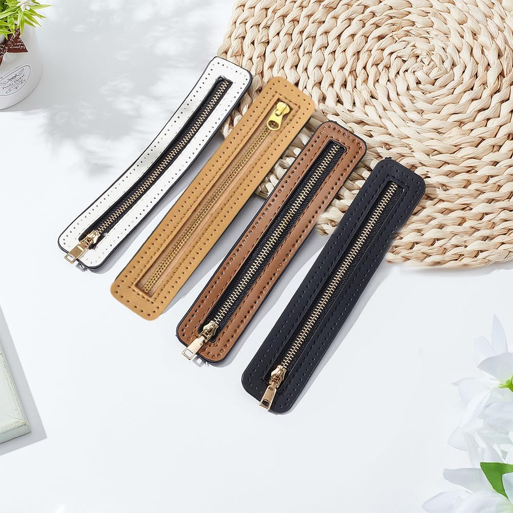 WADORN 4 Colors PU Leather Zipper, 7 Inch Woven Bag Metal Zipper Metal Zippers Bulk Close End with PU Leather Frame for DIY Crochet Purse Sewing Jeans Handicraft Accessories