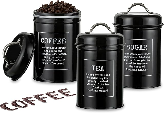 Hanobe Tea Coffee Sugar Set Pack of 3 Kitchen Food Canister Decorations with Airtight Lids & Handles Retro Farmhouse Country Decor Metal Storage Containers Jars for Biscuit Designs Countertop Tin