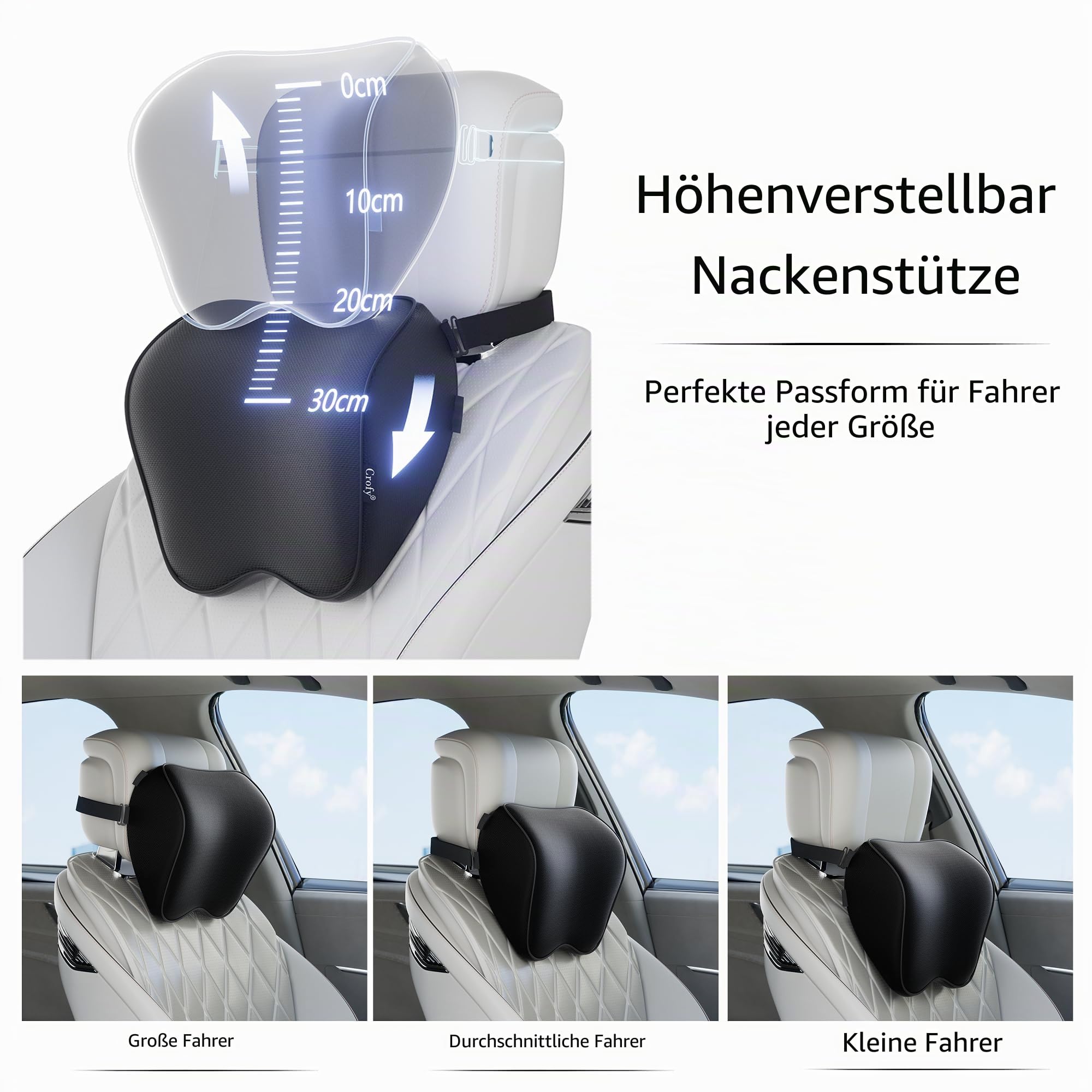 Crofy 2er-Set Autonackenkissen, weiche Autokopfkissen für die Autofahrt mit verstellbarem Gurt, 100% Memory-Schaum und atmungsaktive abnehmbare Hülle, Komfortables ergonomisches Design, Schwarz