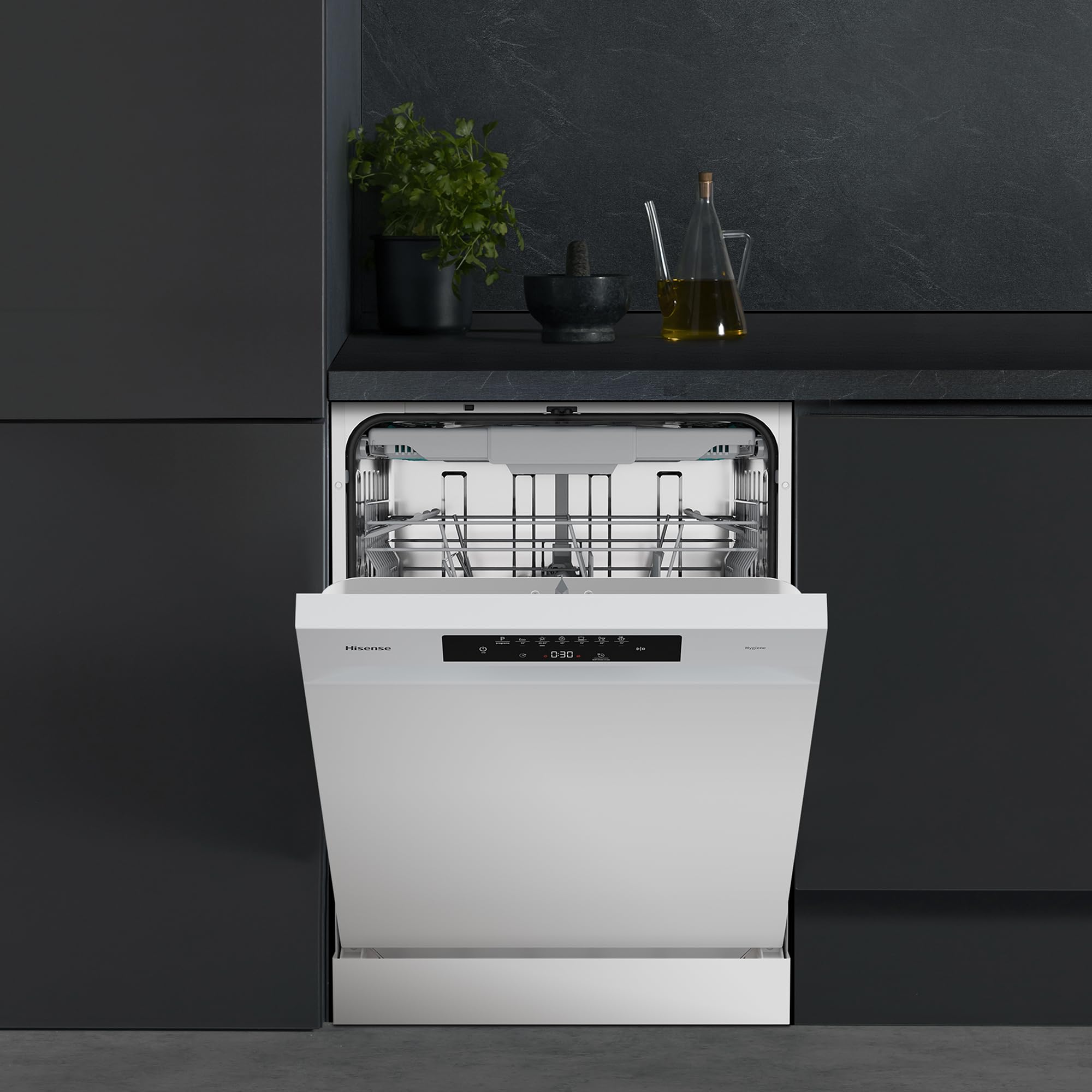 Hisense HS643B90W - Lavavajillas Clase B, 15 Servicios, Fondo 60cm, Secado Extra, Programa Automático, Tercera Bandeja, Programa Corto 1 hora, 15 Servicios, Aqua Protect System, Control Táctil, Blanco