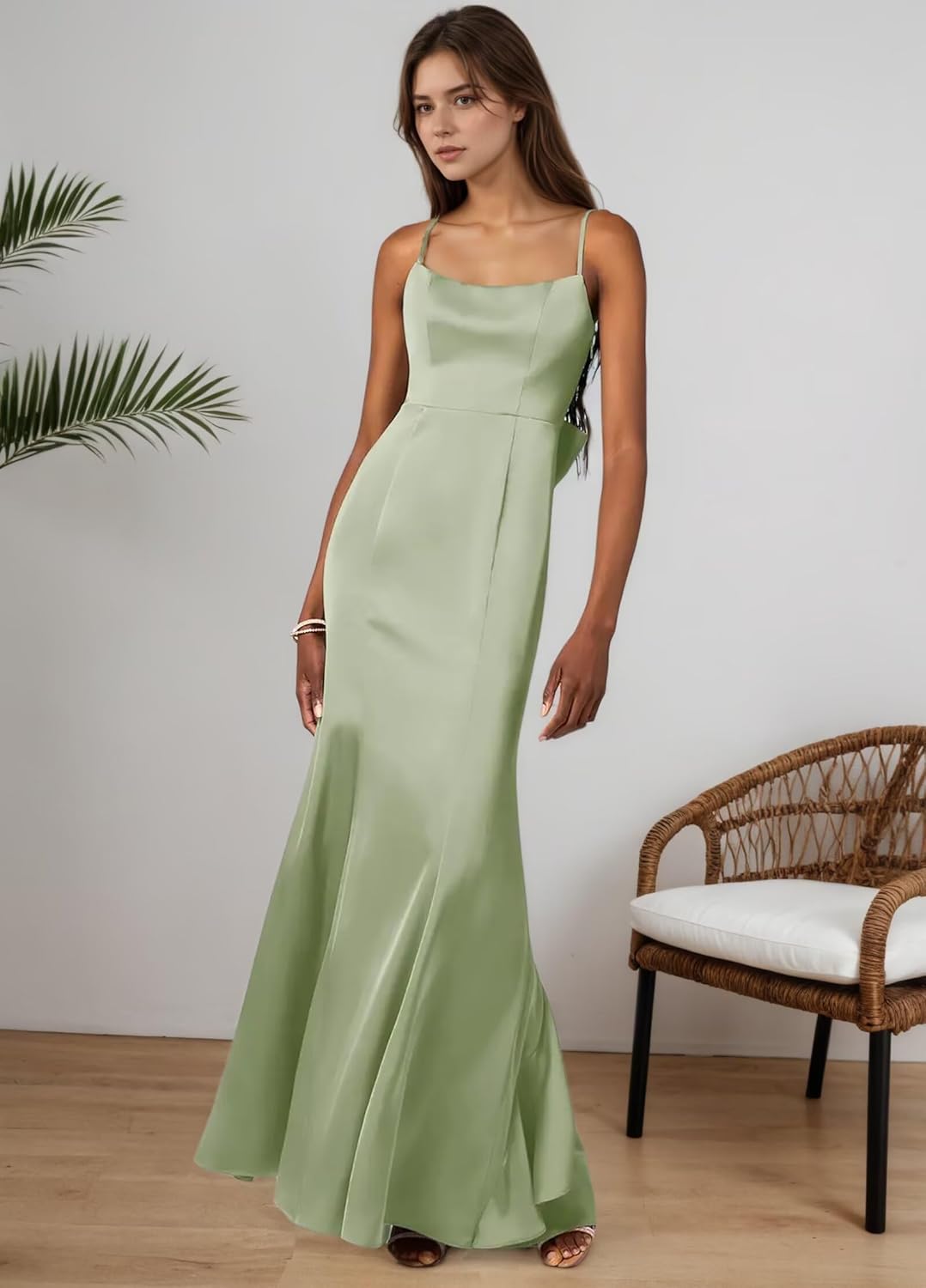 Satin Ruffles Bridesmaid Dresses for Women Backless Long Backless Formal Wedding Guest Dress with Bow