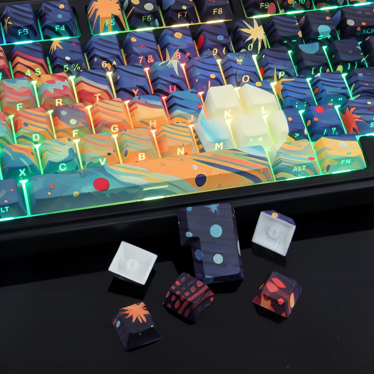 Tsungup Touches personnalisées, 131 touches PBT imprimées sur le côté ciel étoilé, profil Cherry pour claviers mécaniques Cherry MX (noir)