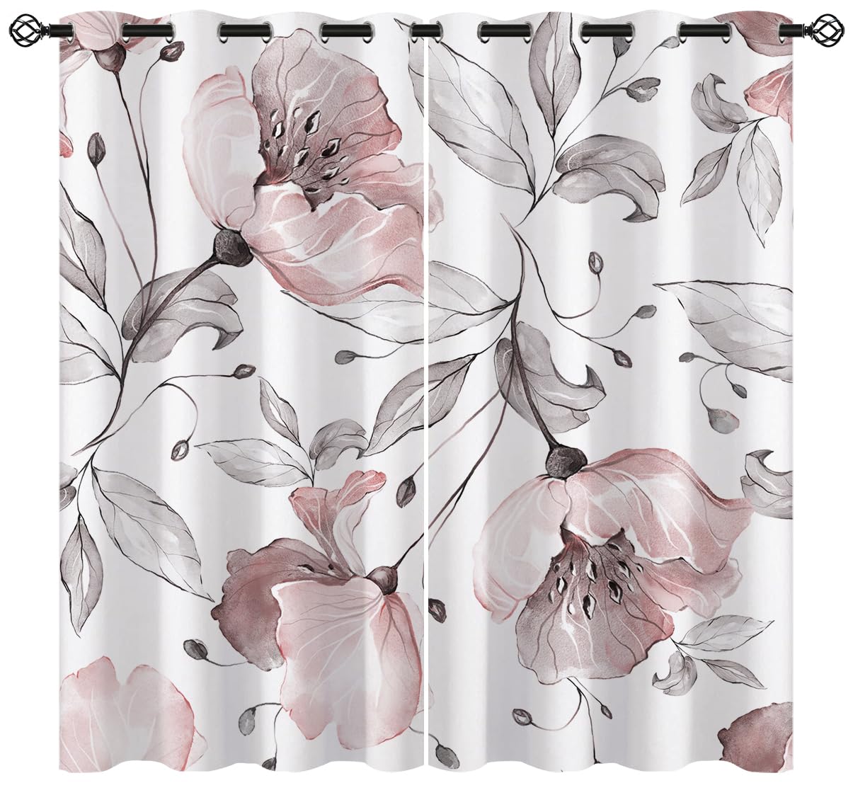 ONINUO Floral Blackout Curtains for Girls Boy Home Decor, Rustic Vintage Abstract Art Stylish Flower Grommet Thermal Insulated Drapes Darkening Window