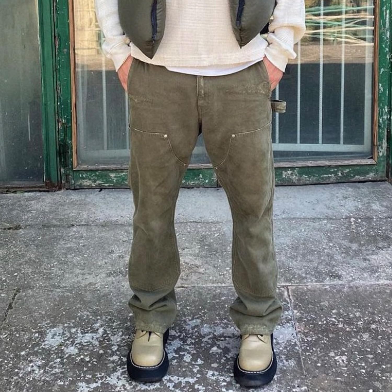 Long Pants, Unisex, Washed and Distressed Military Green Jeans