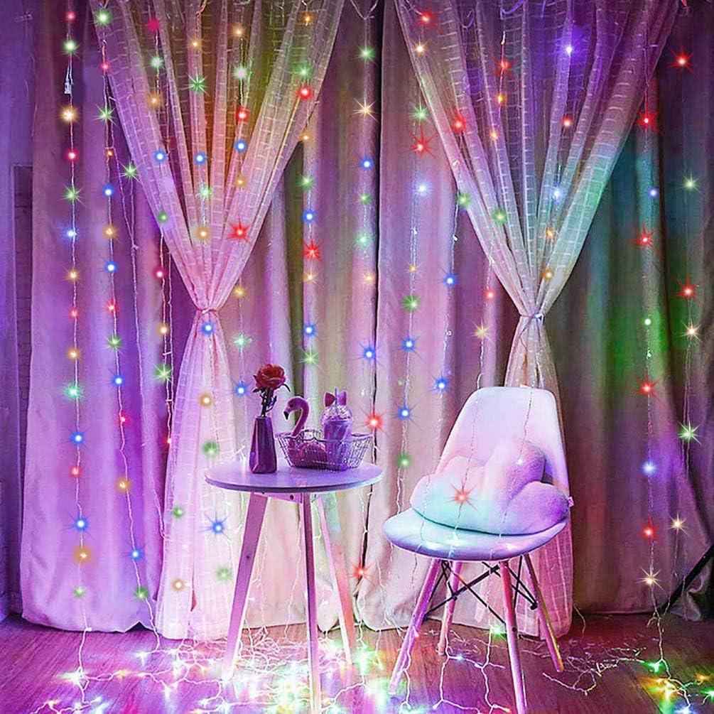LEDGLE Curtain Lights Voice Activated, Rainbow Twinkle String Lights 300 LED, Fairy Window Decorative Dimmable Christmas Lights, USB Powered 4 Sound Control & 8 Lighting Modes IP44 (Multi Color)