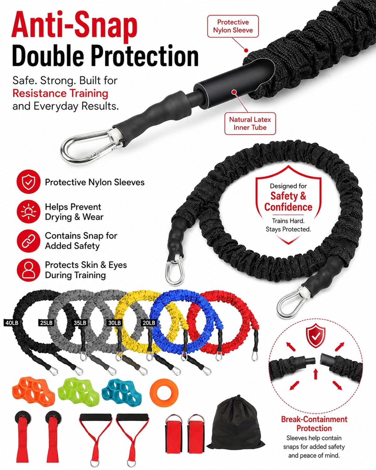 Juego de bandas de resistencia, paquete de 15 bandas de resistencia con asas, tubos de resistencia, bandas de 20 a 40 libras para entrenar, bandas de resistencia elásticas para entrenamiento, yoga