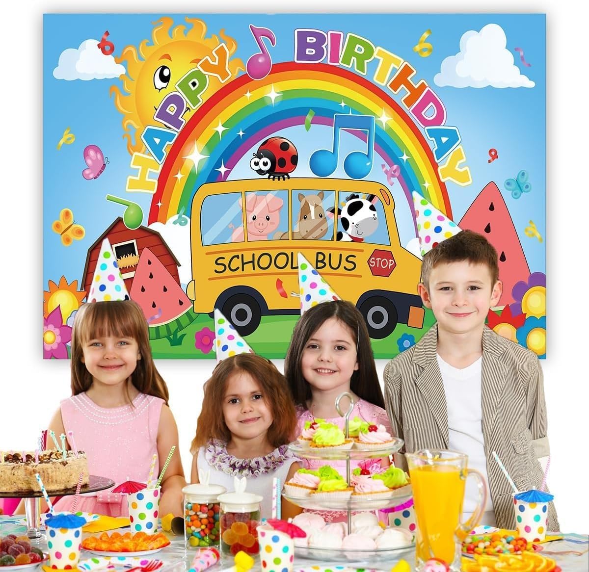 Cartoon Birthday Party Supplies Kid Party Decorations Banner School Bus Backdrop Boys and Girls Happy Birthday Backdrop image 4