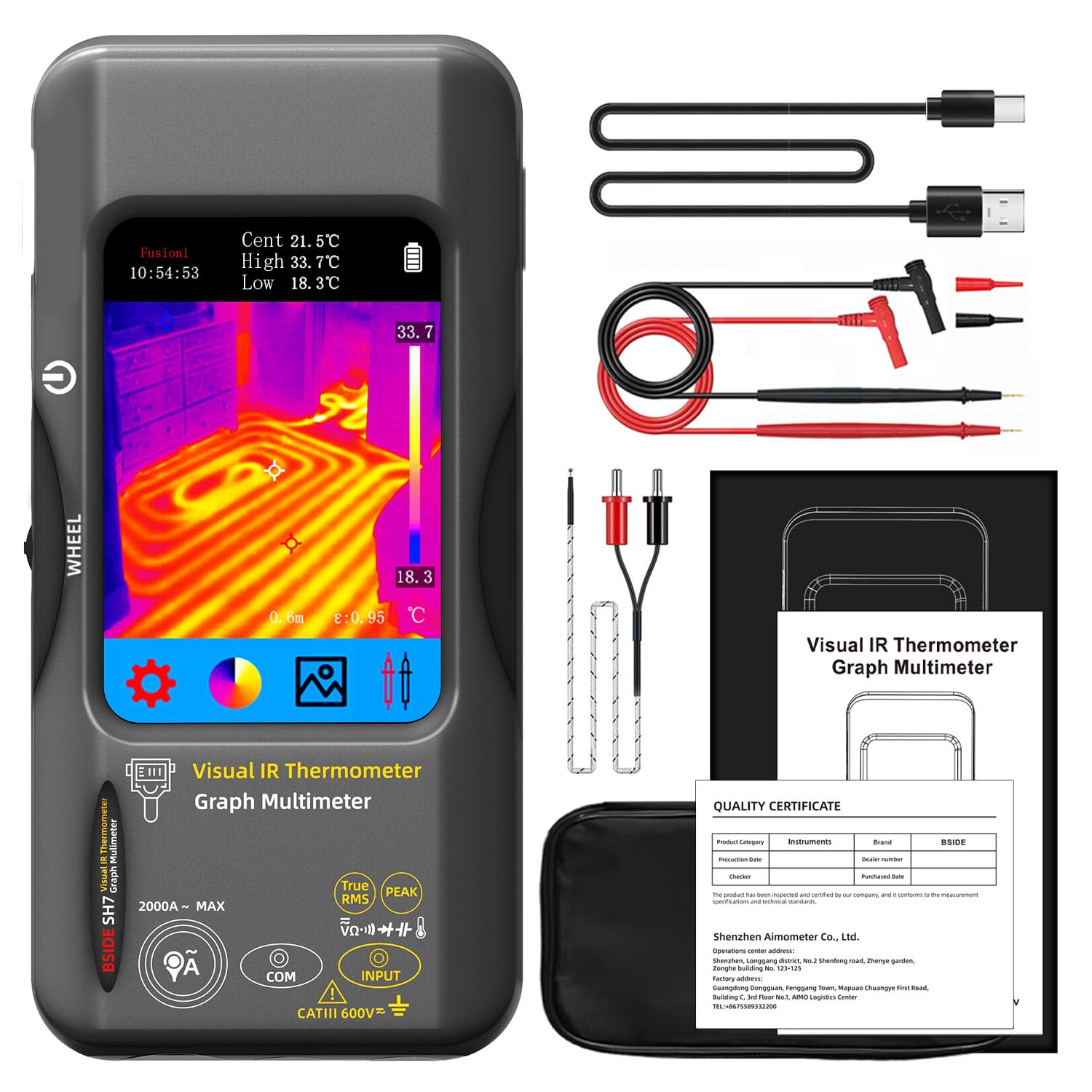 BSIDE SH7 Cámara Térmica Multímetro 2 en 1 Pantalla Táctil Multímetro Digital 20000 Cuentas TRMS & Cámara Termográfica 320X320 Reolución IR para Fugas HVAC Electrónica Automotriz Industrial