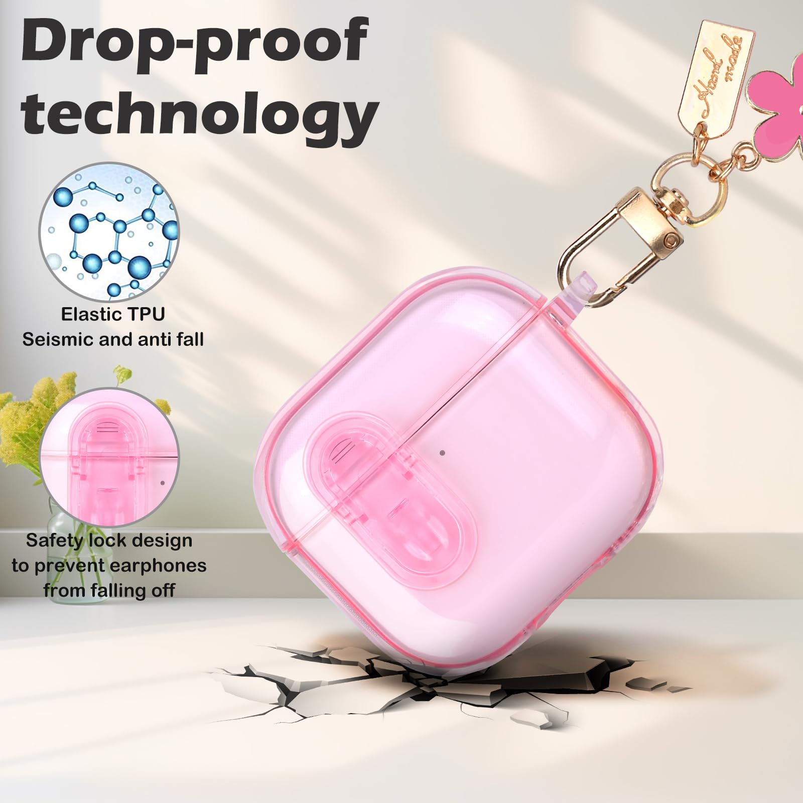 Housse Transparente TPU Avec Pendentif Pour AirPods 4 - Motif Fleur Lys Rose - Protection Anti-choc Et Anti-poussière - 8