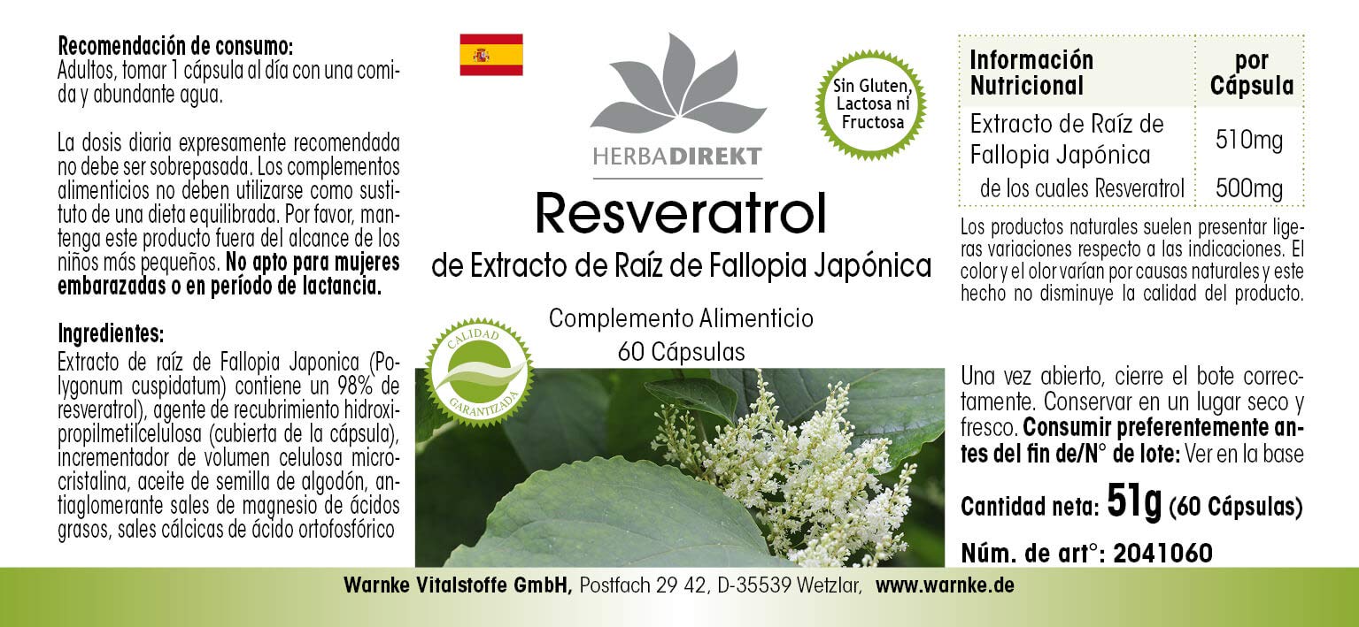 Resvératrol 500mg - extrait de la racine renouée du Japon - polygonum cuspidatum - Extrait - 60 capsules | Herba Direkt - Qualité des pharmacies allemandes